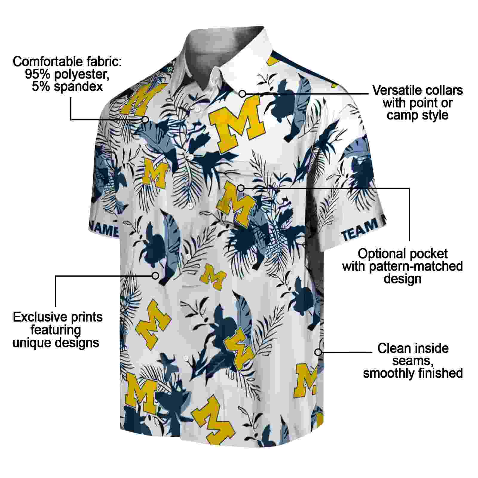 customized michigan wolverines botanical theme blue white hawaiian shirt new arrival