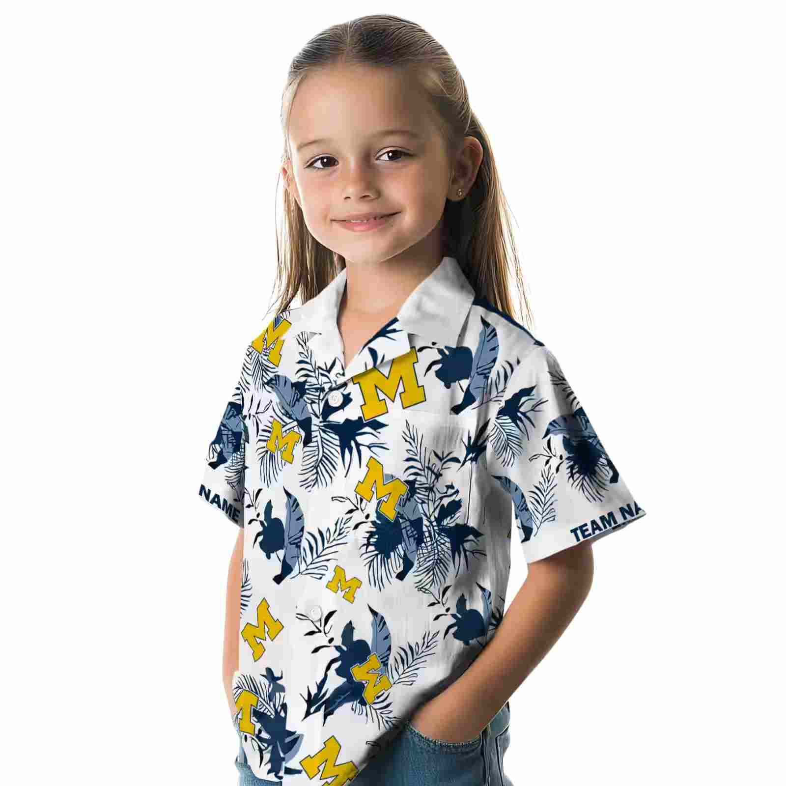 customized michigan wolverines botanical theme blue white hawaiian shirt premium grade