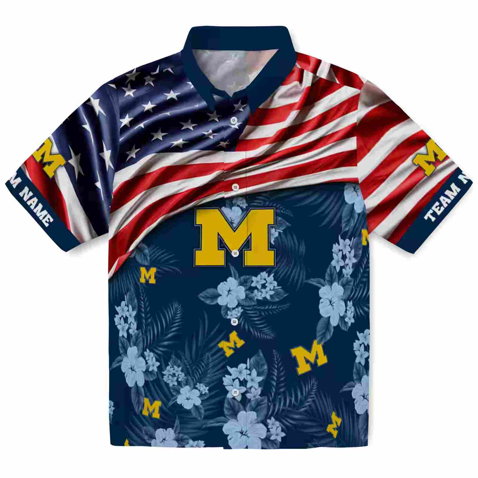 Customized Michigan Wolverines US Flag Hibiscus Blue Hawaiian Shirt