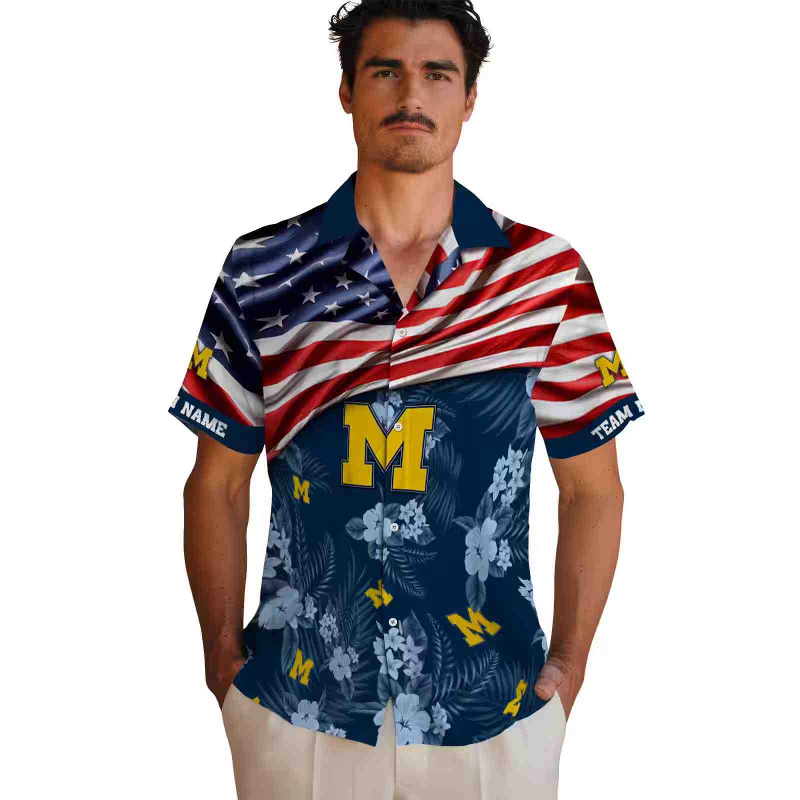 customized michigan wolverines us flag hibiscus blue hawaiian shirt fashion forward