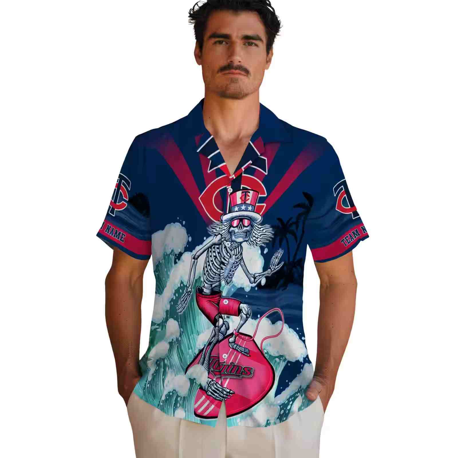 customized minnesota twins surfing skeleton navy blue hawaiian shirt fashion forward