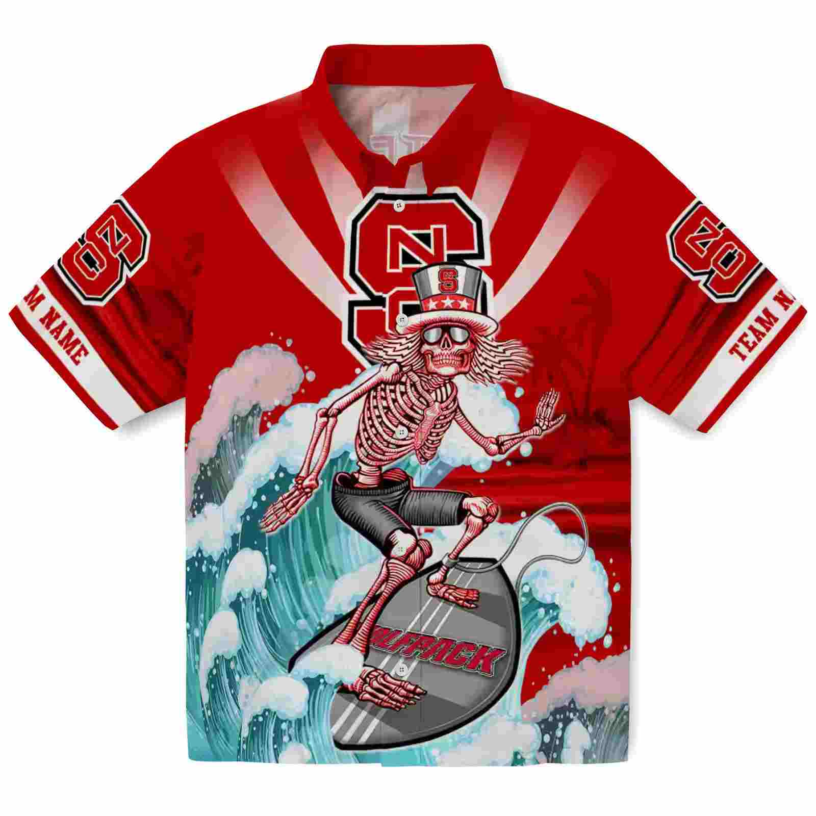 Customized NC State Wolfpack Surfing Skeleton Red Blue Hawaiian Shirt