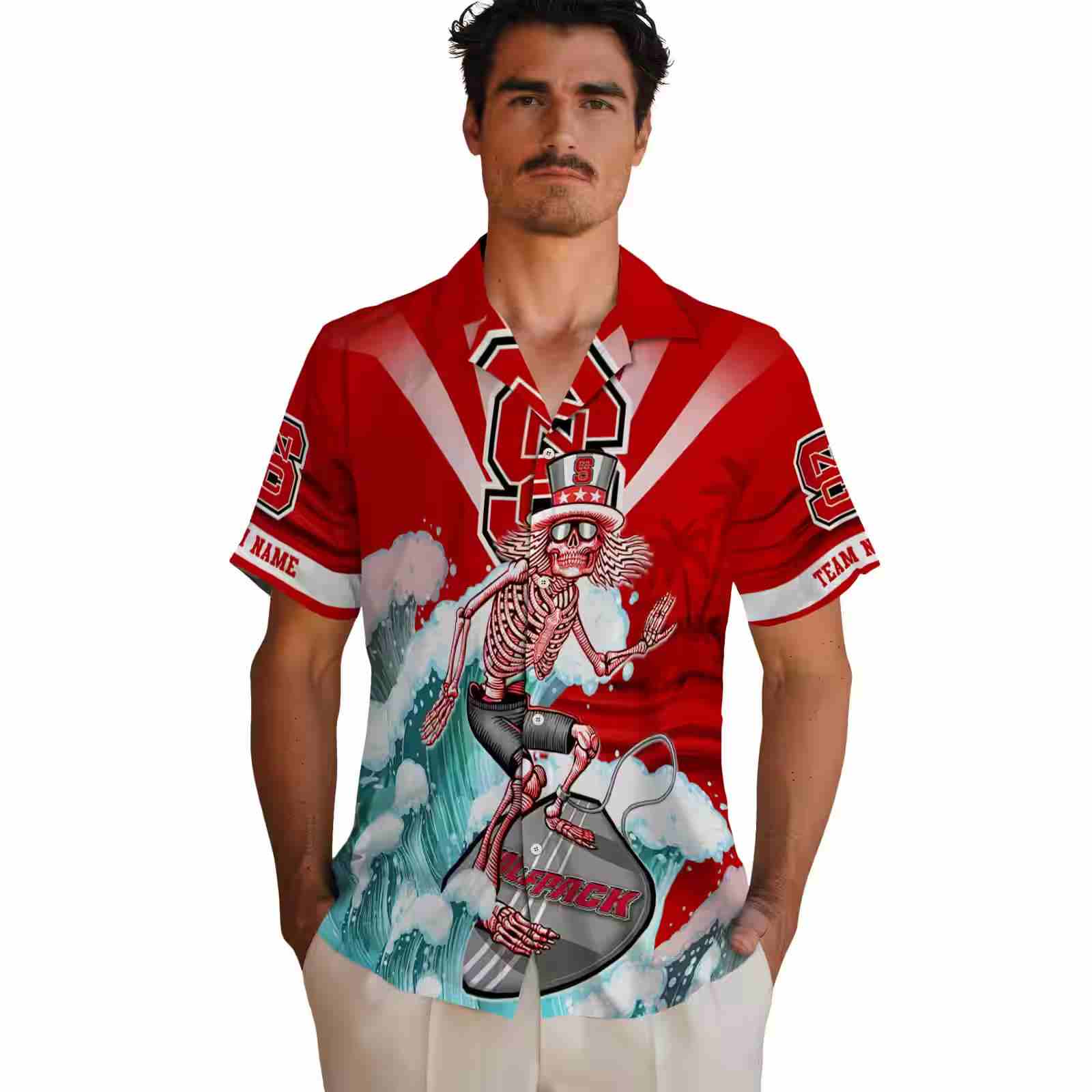 customized nc state wolfpack surfing skeleton red blue hawaiian shirt fashion forward