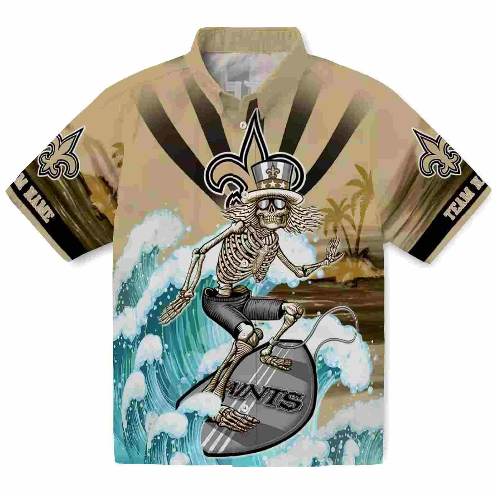 Customized New Orleans Saints Surfing Skeleton Gold Blue Hawaiian Shirt