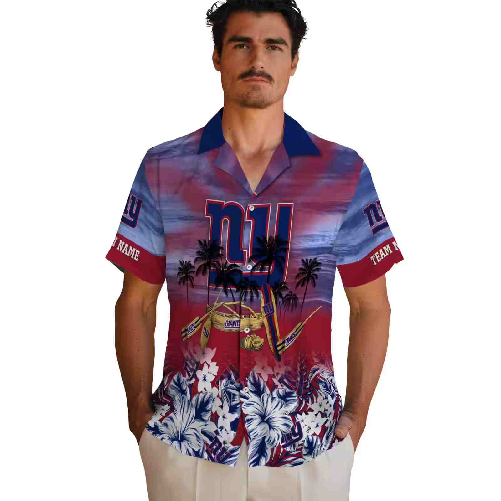 customized new york giants tropical canoe blue hawaiian shirt fashion forward