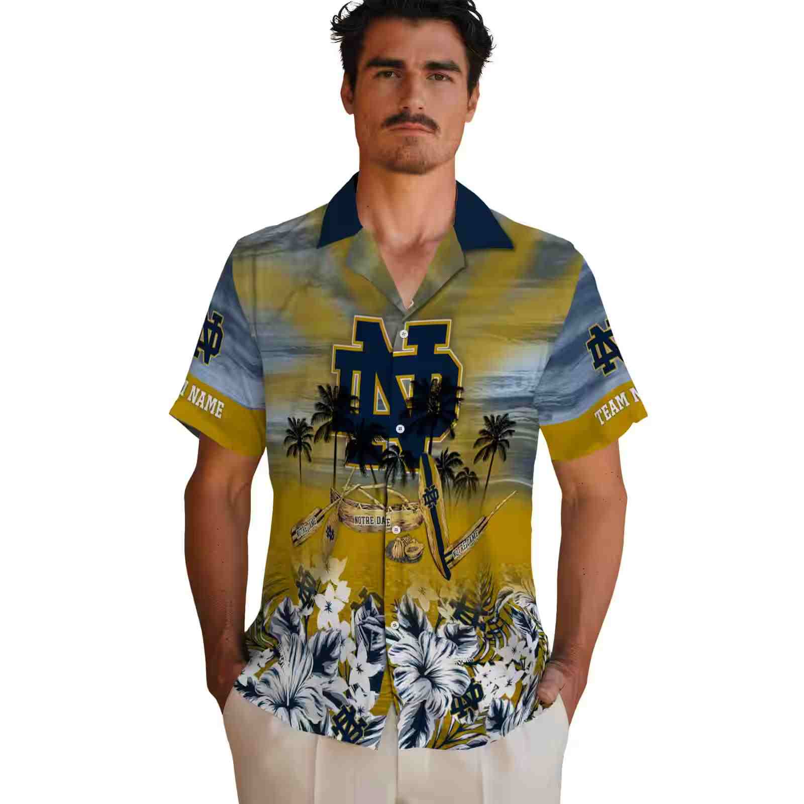 customized notre dame fighting irish tropical canoe navy hawaiian shirt fashion forward