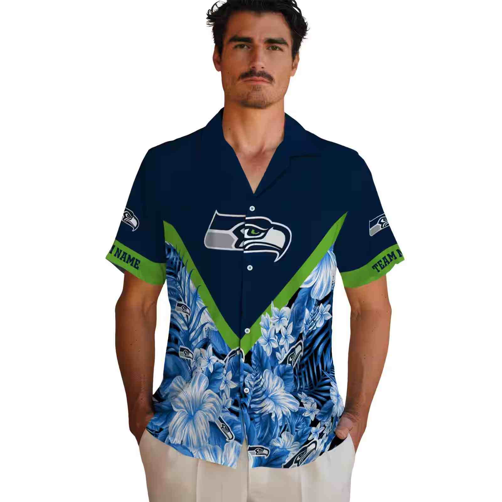 customized seattle seahawks floral chevron blue hawaiian shirt fashion forward