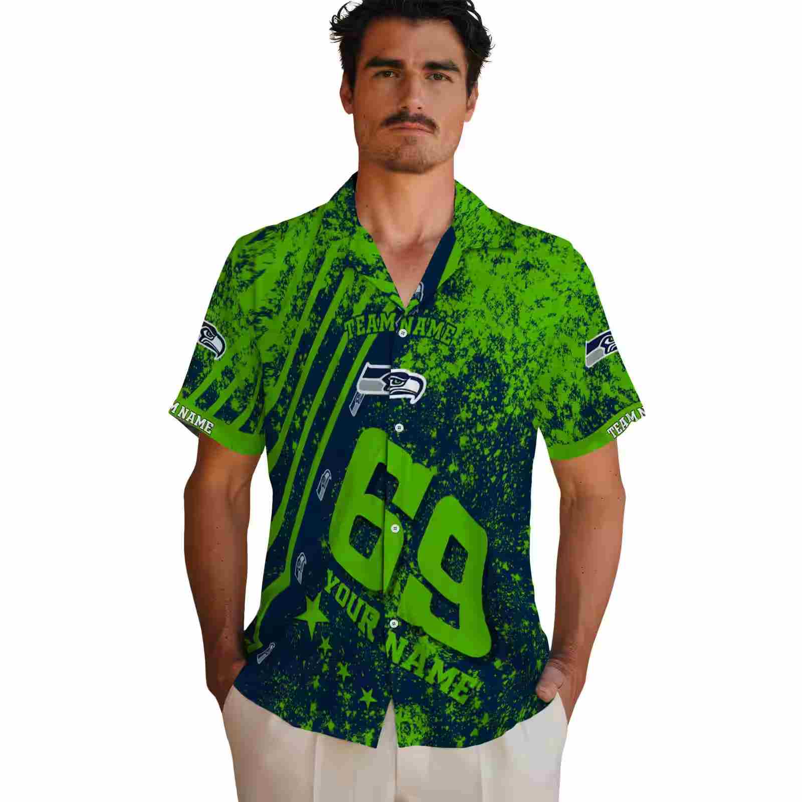 customized seattle seahawks star stripes blue hawaiian shirt fashion forward