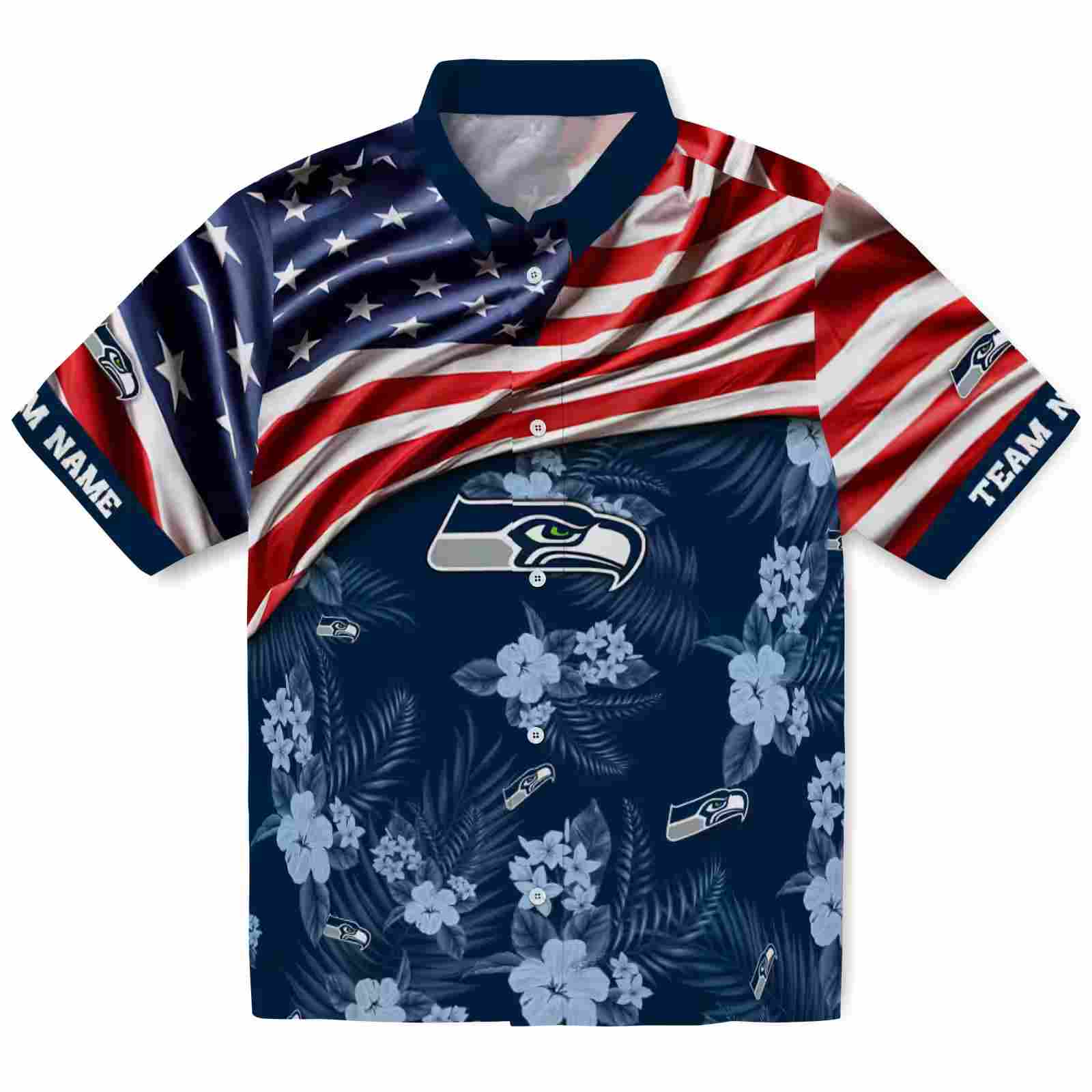 Customized Seattle Seahawks US Flag Hibiscus Blue Hawaiian Shirt