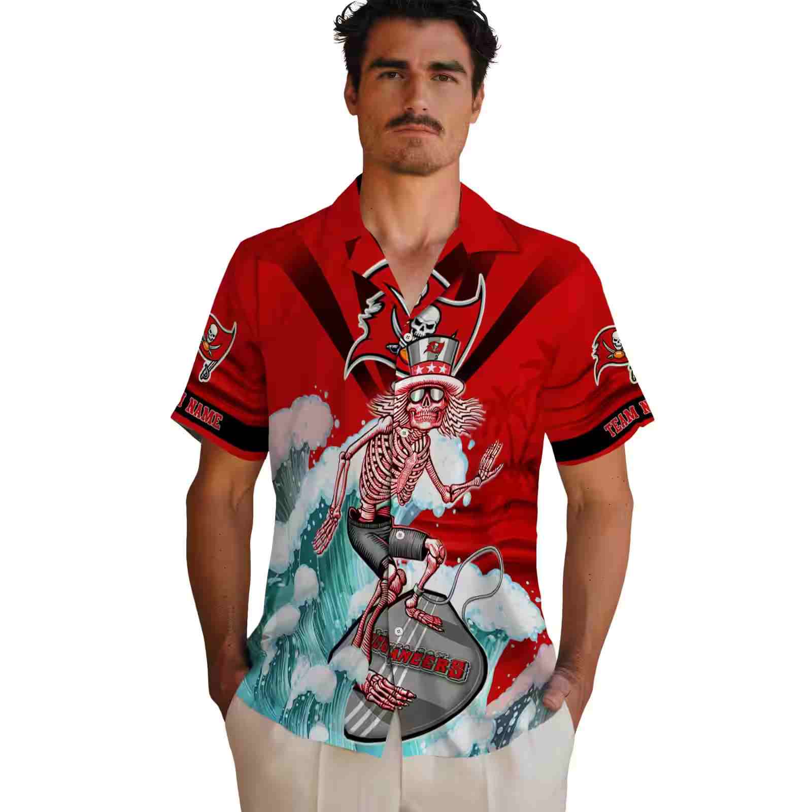 customized tampa bay buccaneers surfing skeleton red blue hawaiian shirt fashion forward