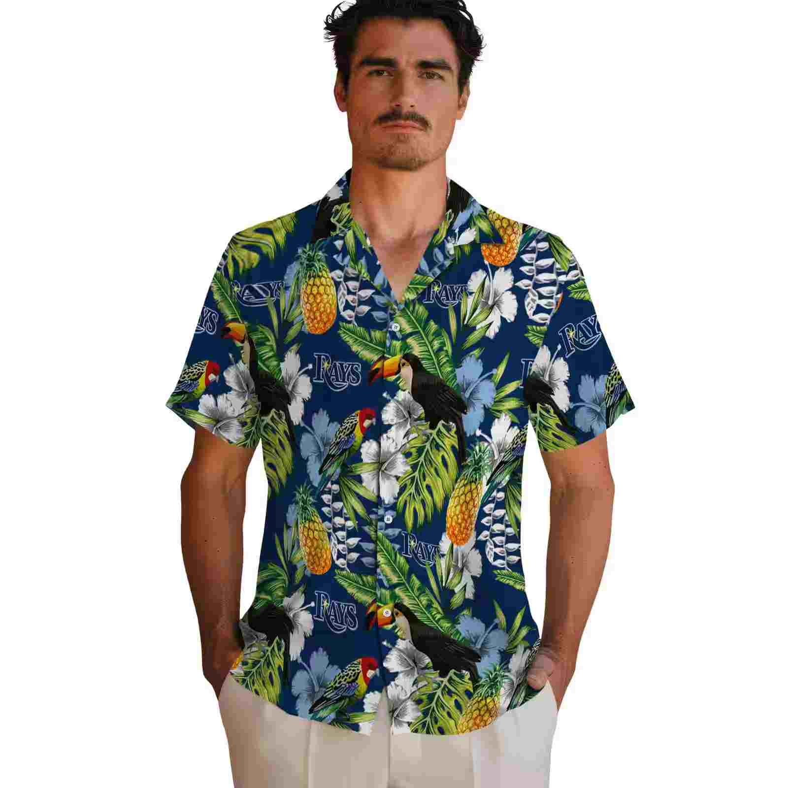 customized tampa bay rays tropical toucan navy green hawaiian shirt fashion forward