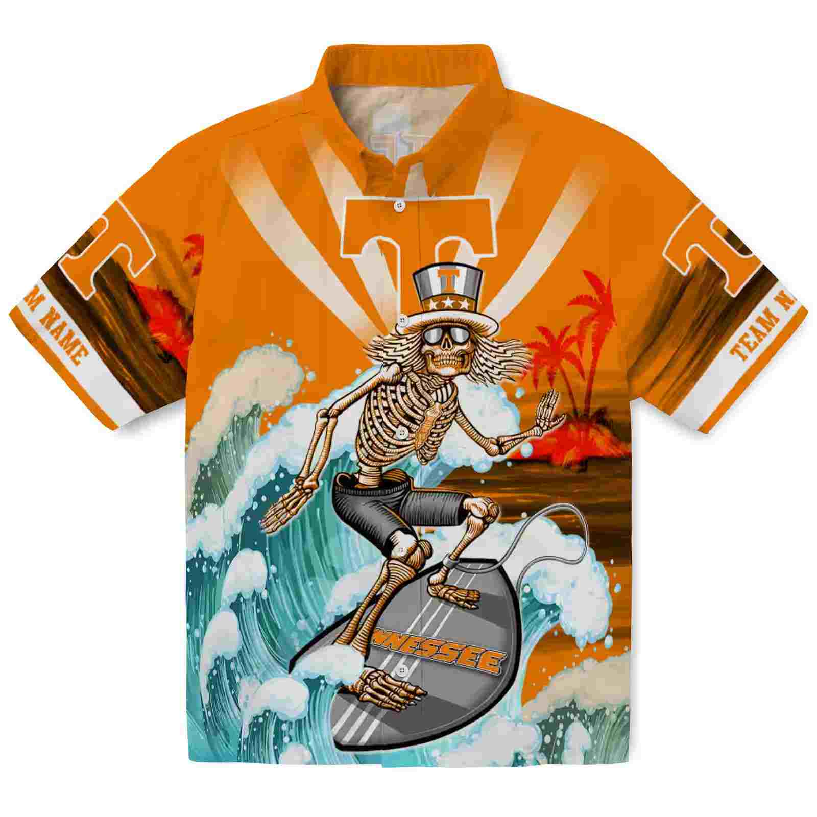 customized tennessee volunteers surfing skeleton orange blue hawaiian shirt best selling