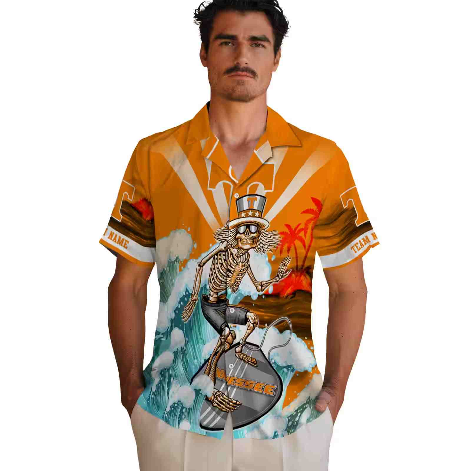 customized tennessee volunteers surfing skeleton orange blue hawaiian shirt fashion forward