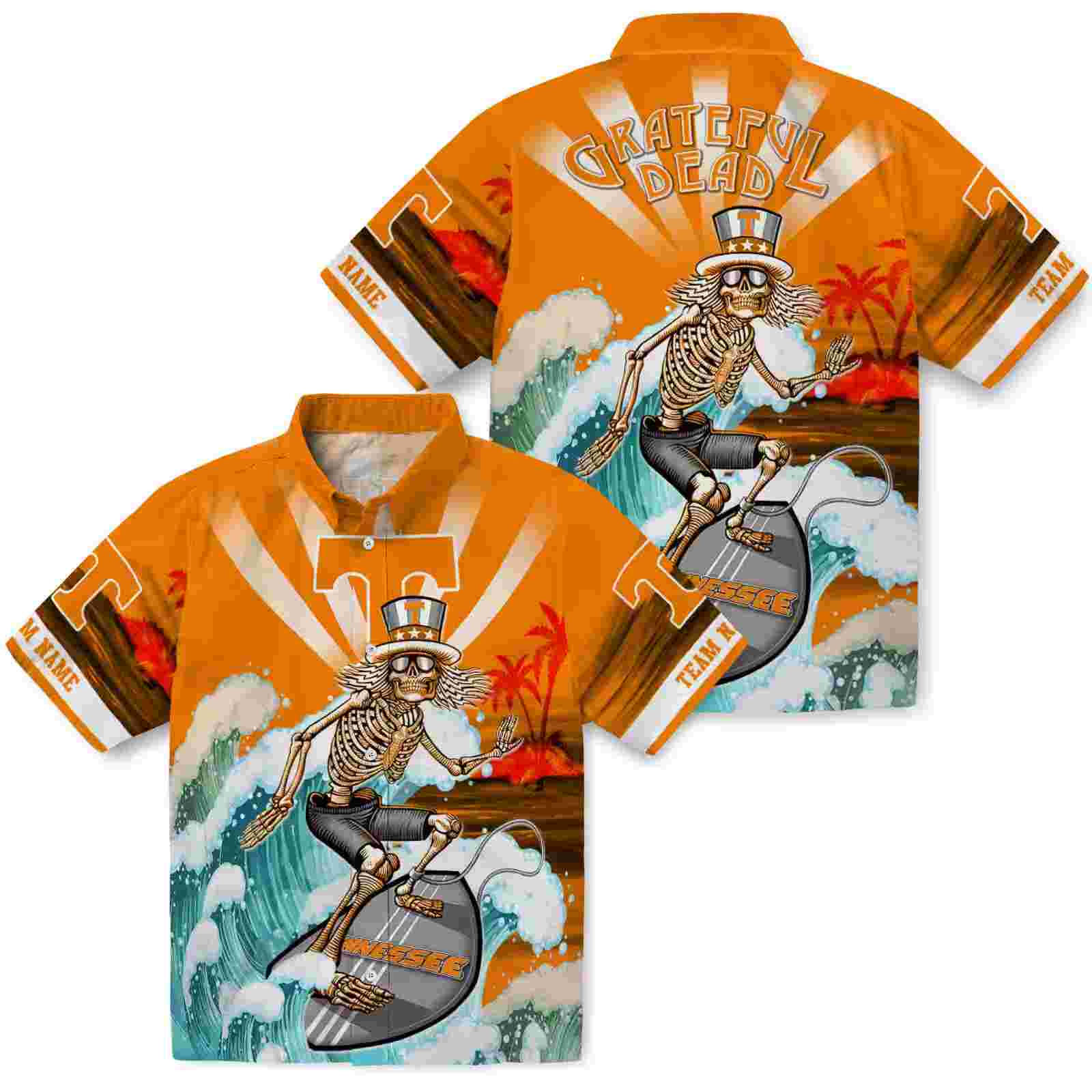 customized tennessee volunteers surfing skeleton orange blue hawaiian shirt high quality