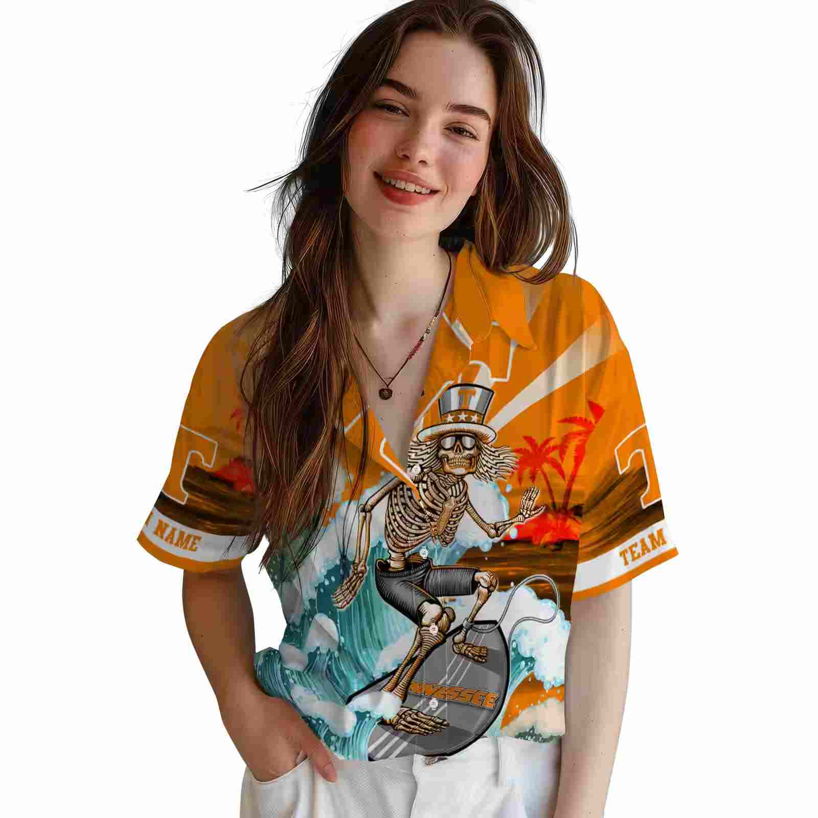 customized tennessee volunteers surfing skeleton orange blue hawaiian shirt latest model