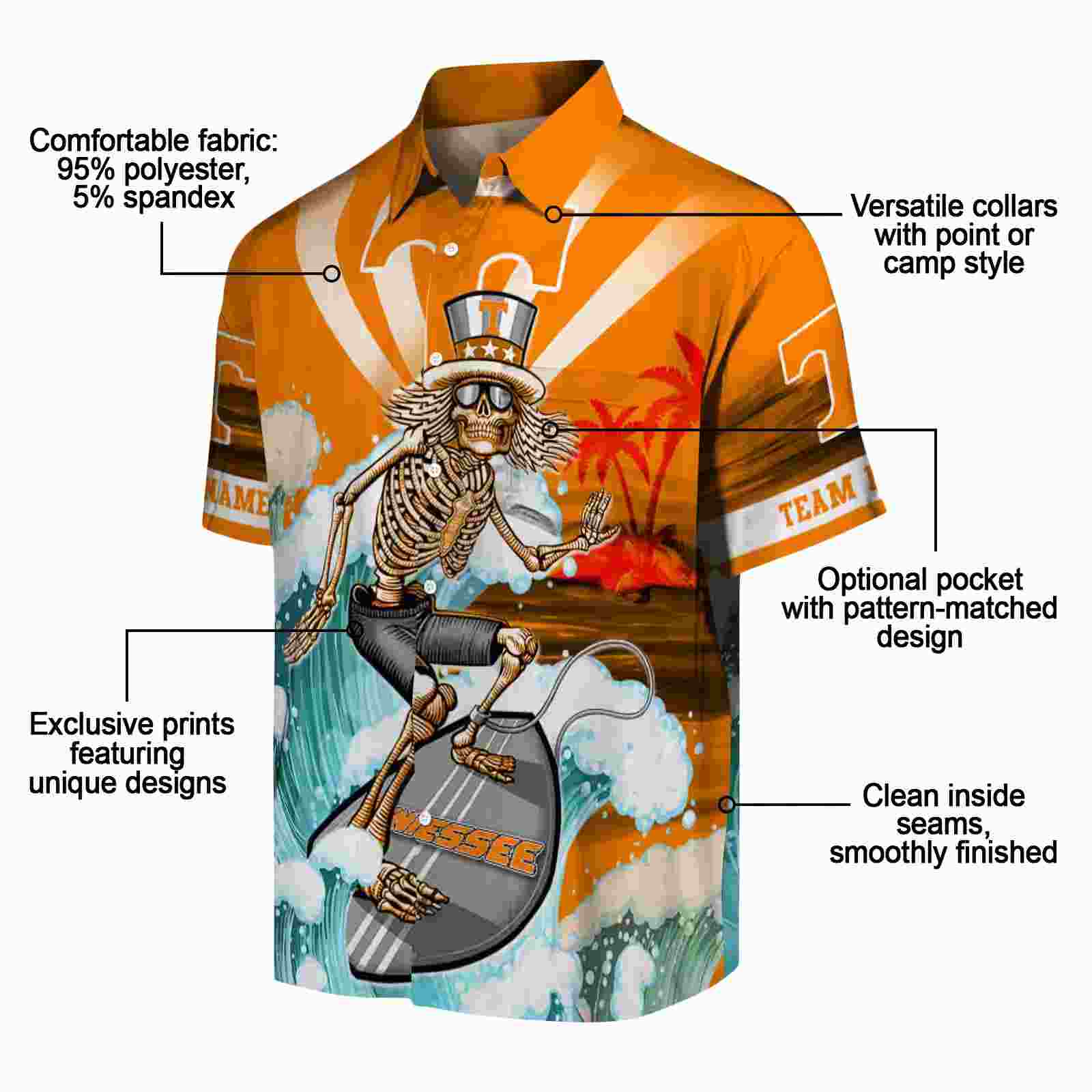 customized tennessee volunteers surfing skeleton orange blue hawaiian shirt new arrival