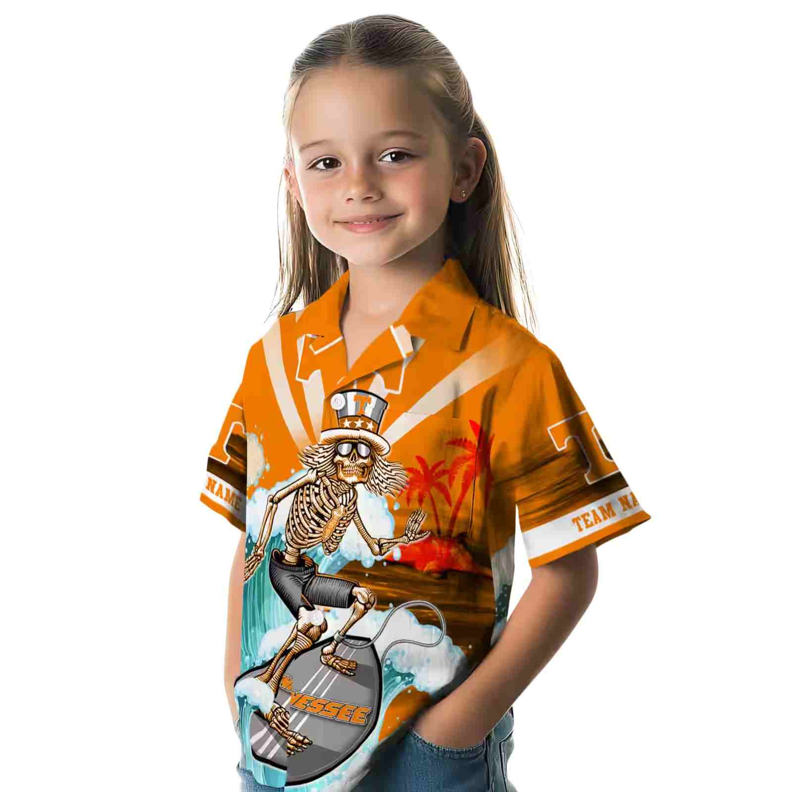 customized tennessee volunteers surfing skeleton orange blue hawaiian shirt premium grade