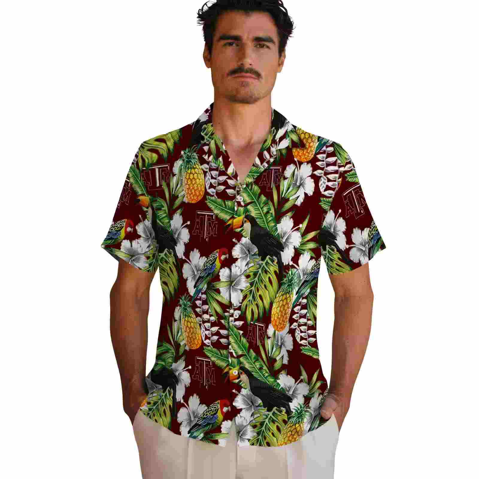 customized texas am aggies tropical toucan maroon green hawaiian shirt fashion forward