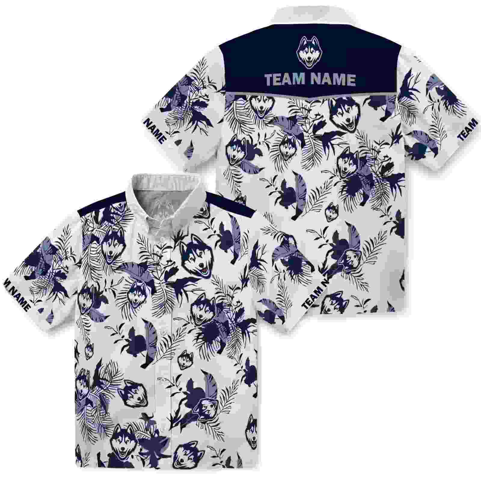 customized uconn huskies botanical theme blue white hawaiian shirt high quality