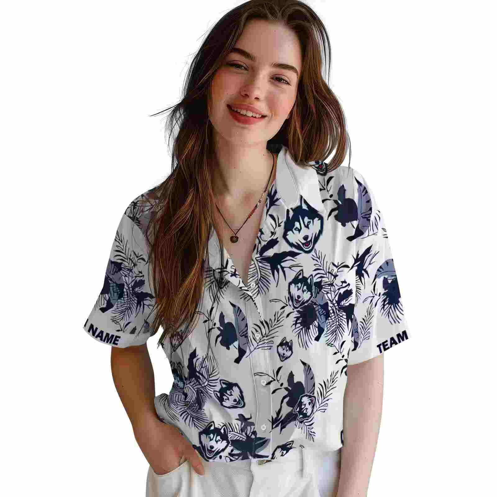 customized uconn huskies botanical theme blue white hawaiian shirt latest model