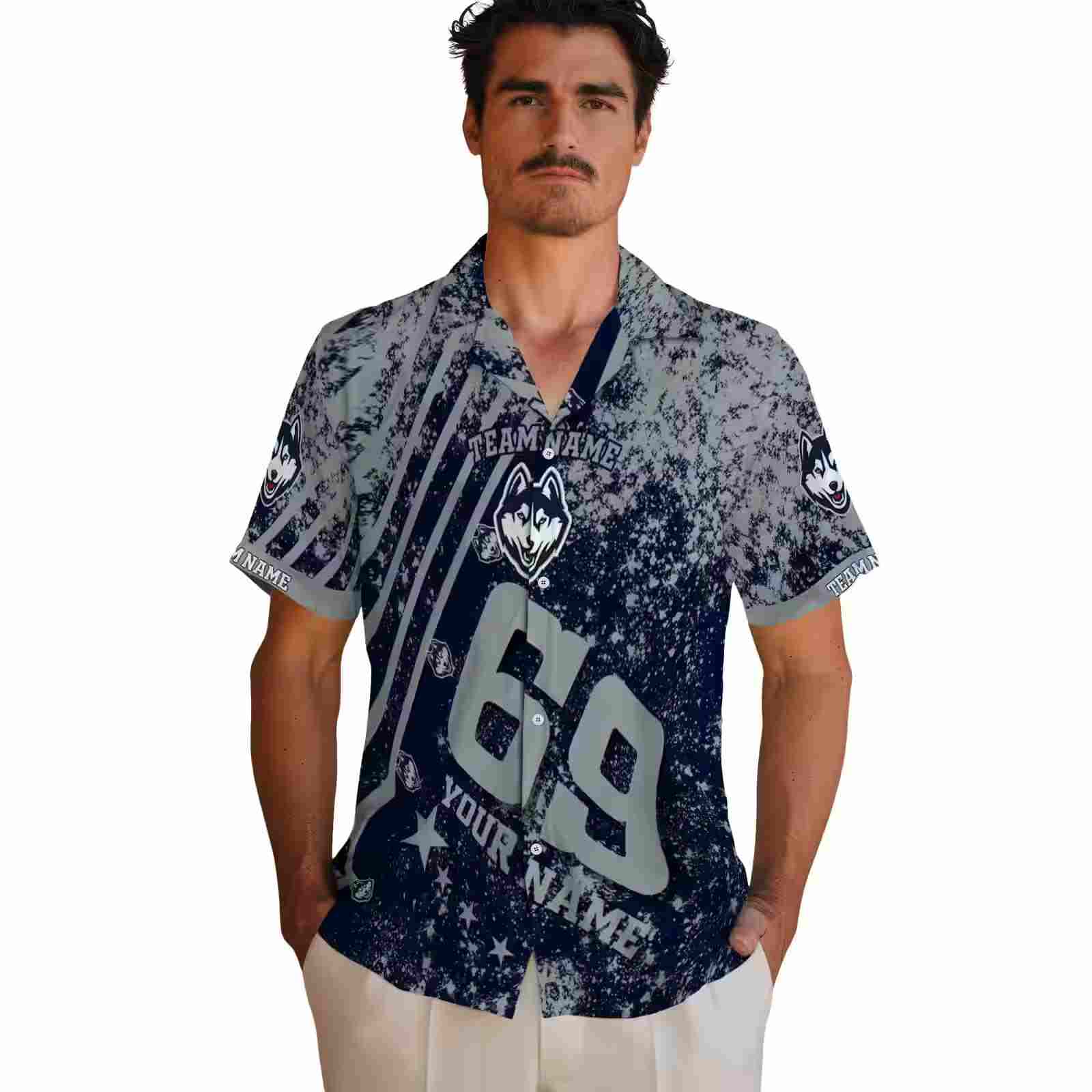 customized uconn huskies star stripes blue hawaiian shirt fashion forward