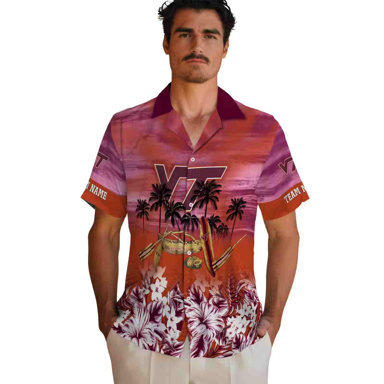 customized virginia tech hokies tropical canoe maroon hawaiian shirt fashion forward