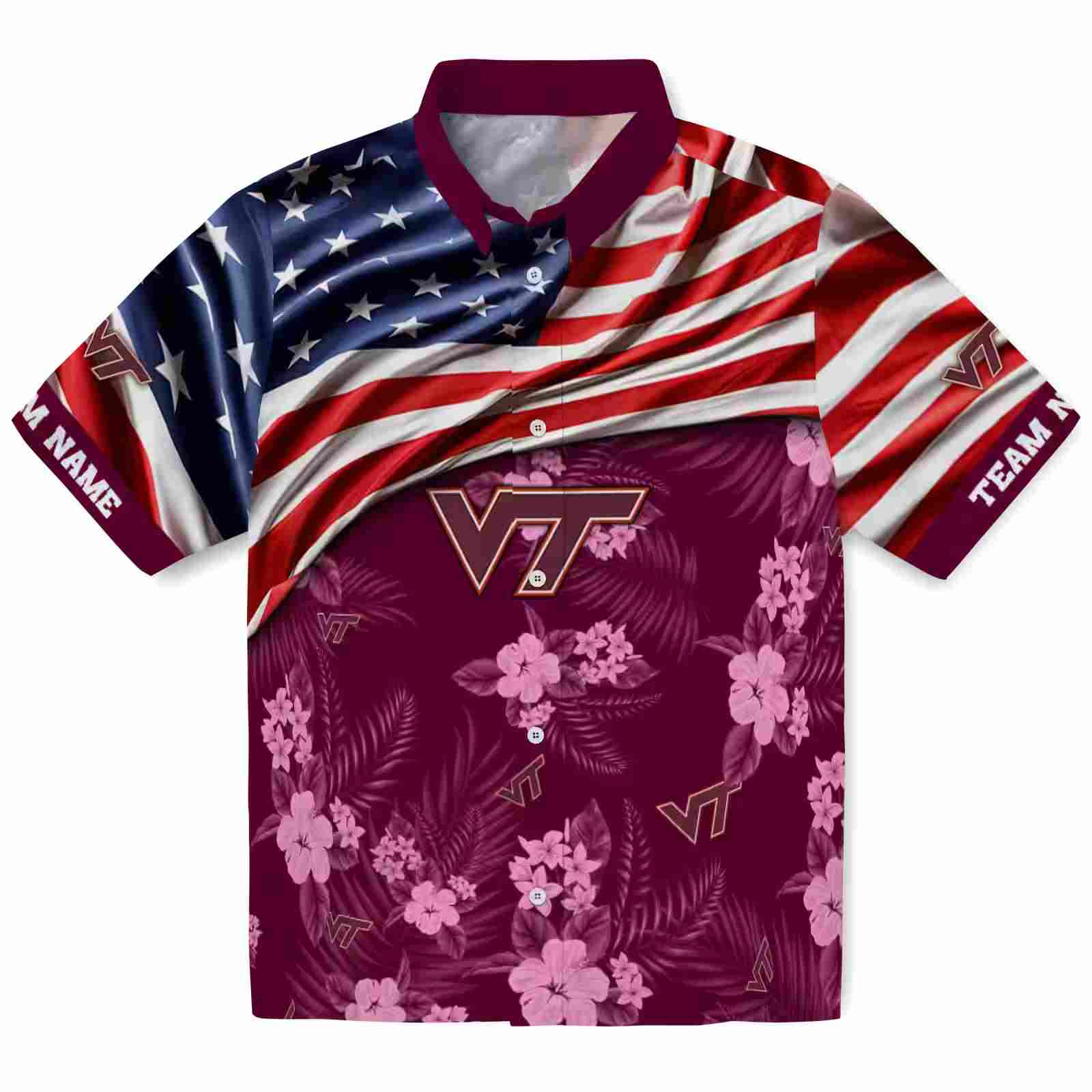 Customized Virginia Tech Hokies US Flag Hibiscus Maroon Hawaiian Shirt