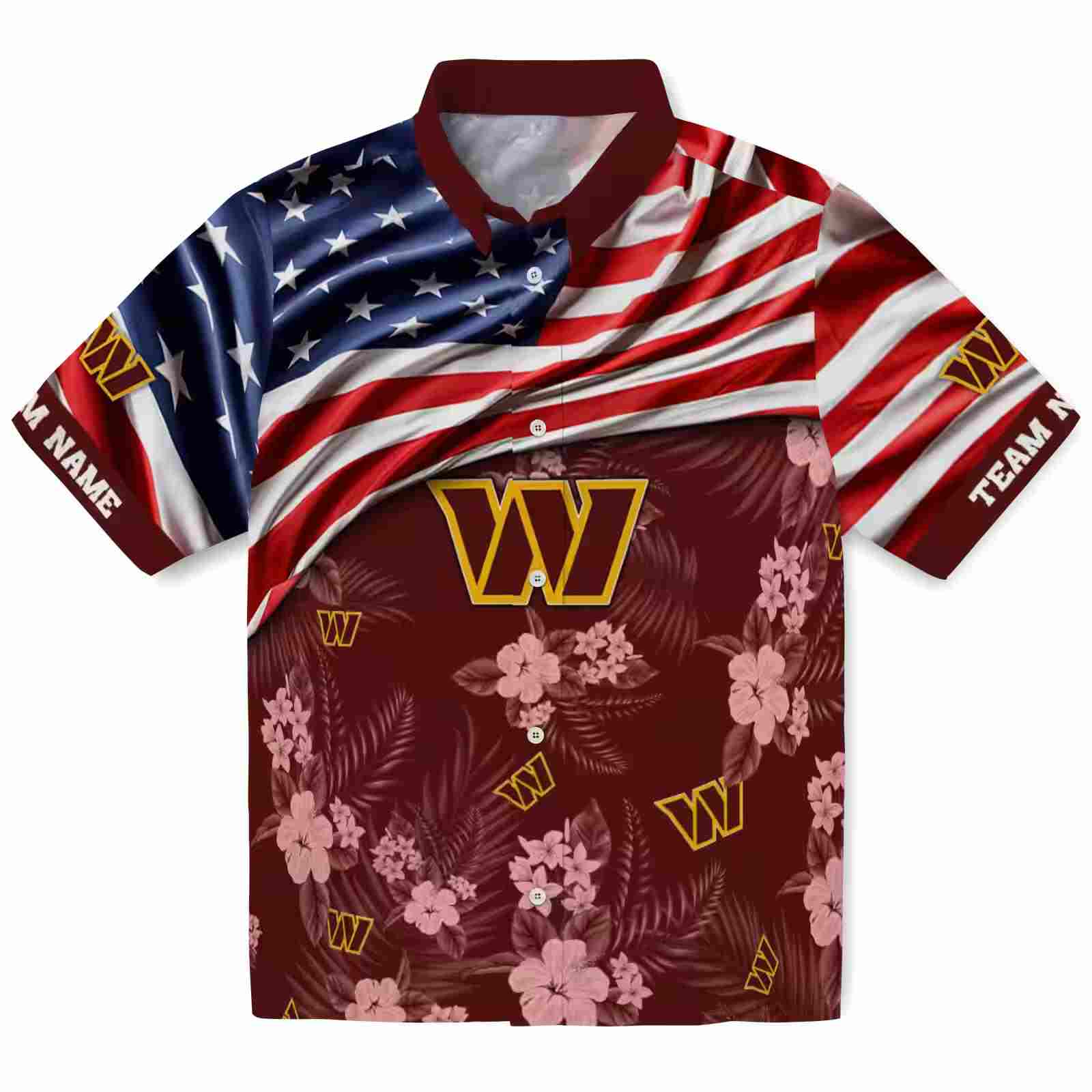 Customized Washington Commanders US Flag Hibiscus Burgundy Hawaiian Shirt