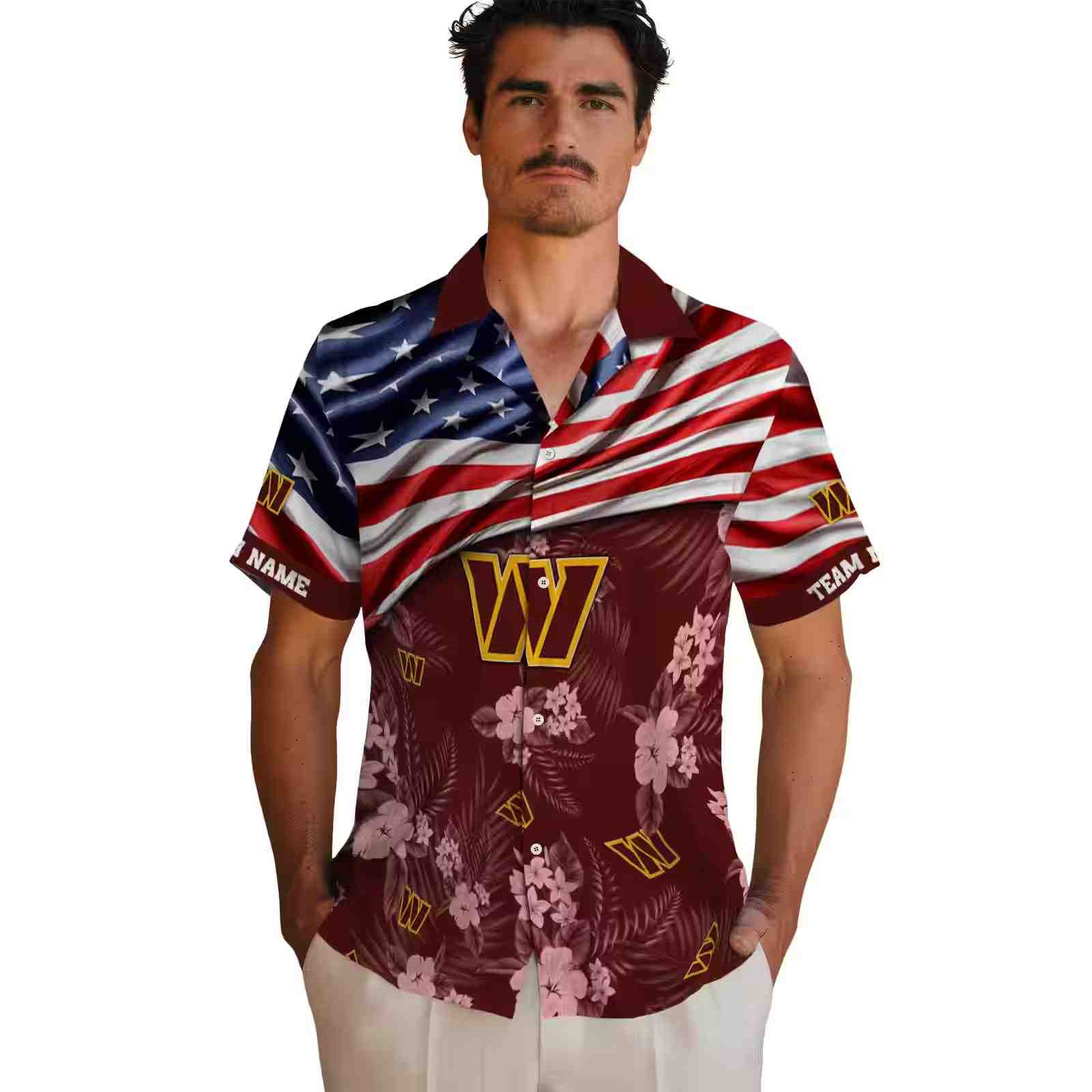 customized washington commanders us flag hibiscus burgundy hawaiian shirt fashion forward