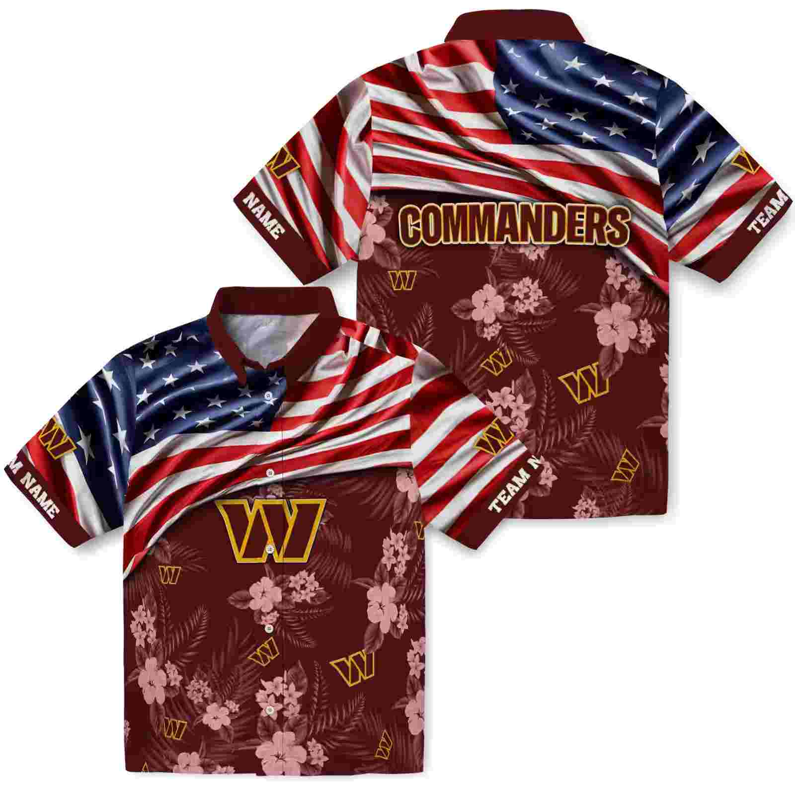 customized washington commanders us flag hibiscus burgundy hawaiian shirt high quality