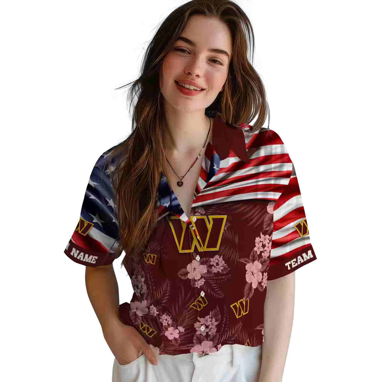 customized washington commanders us flag hibiscus burgundy hawaiian shirt latest model