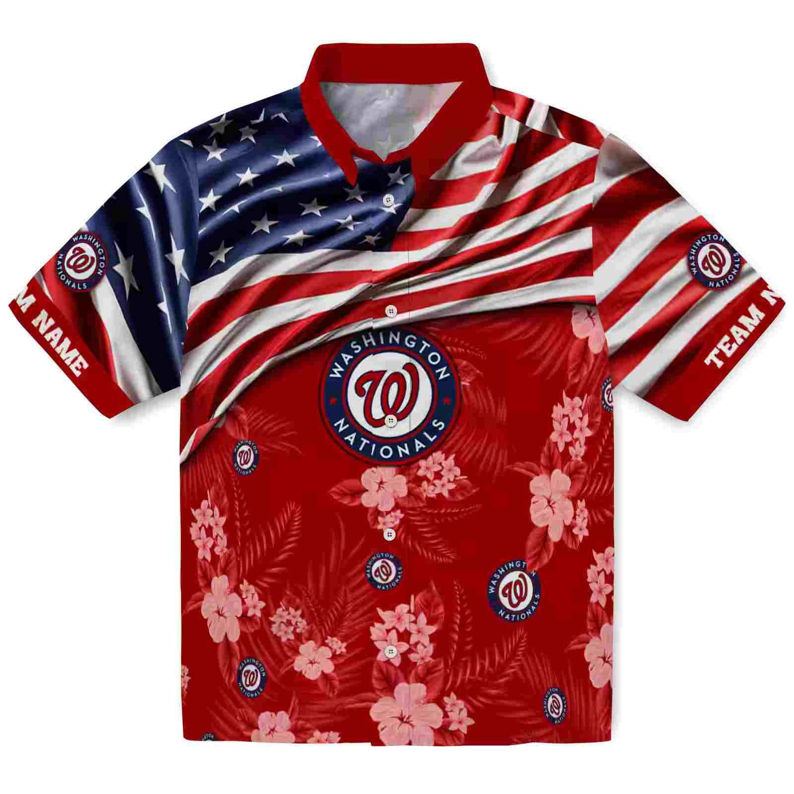 Customized Washington Nationals US Flag Hibiscus Red Hawaiian Shirt