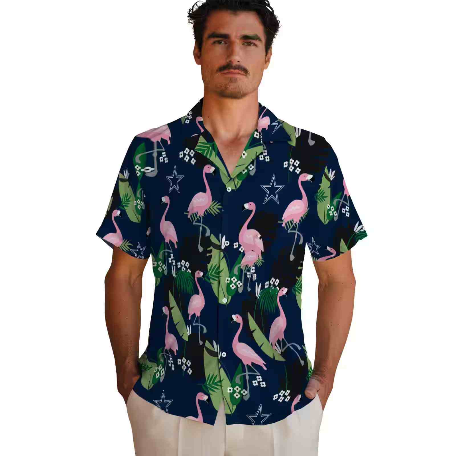 dallas cowboys flamingo leaf motif blue hawaiian shirt fashion forward