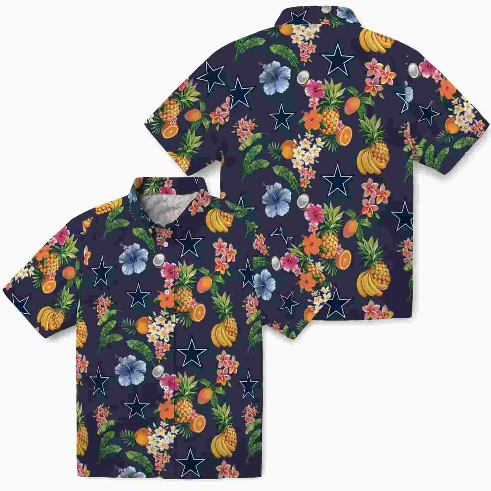 dallas cowboys hibiscus and fruit navy blue hawaiian shirt high quality