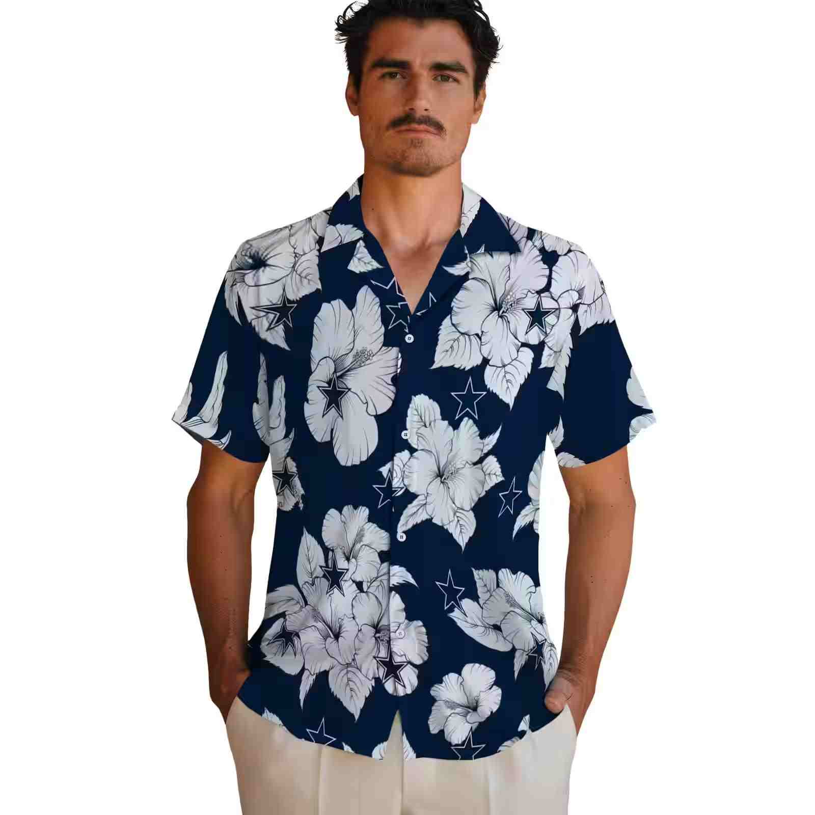 dallas cowboys hibiscus blooms blue white hawaiian shirt fashion forward