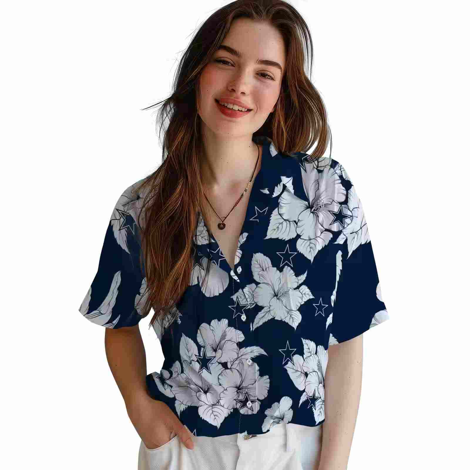 dallas cowboys hibiscus blooms blue white hawaiian shirt latest model