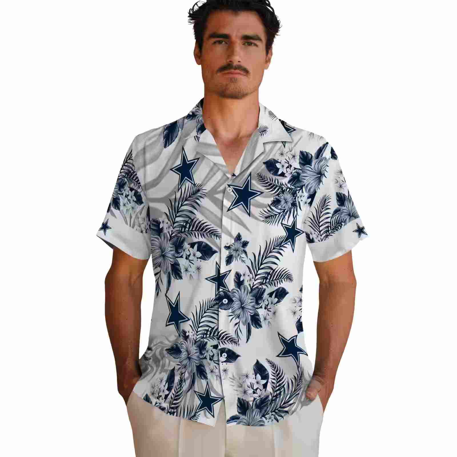 dallas cowboys hibiscus palm leaves blue white hawaiian shirt fashion forward