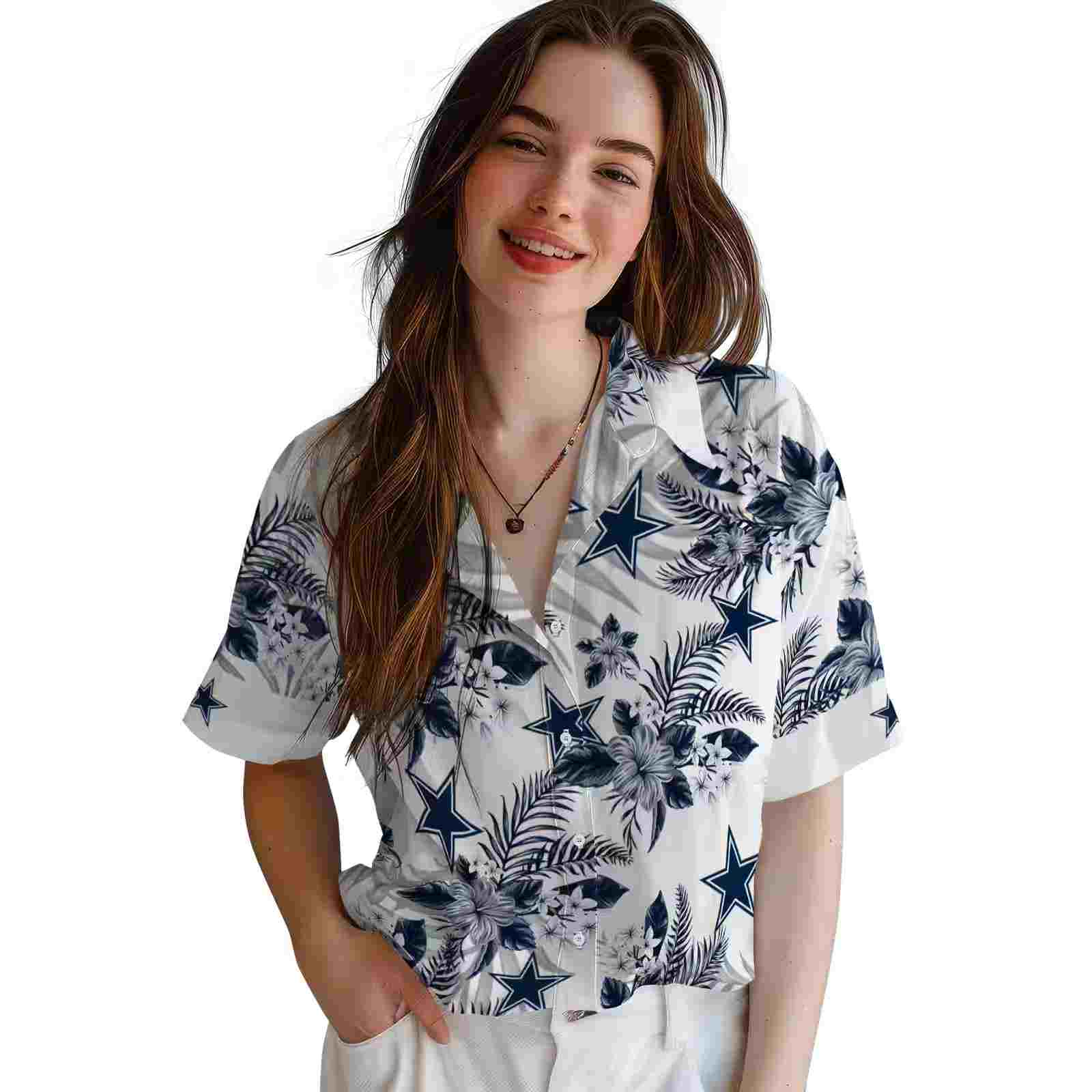 dallas cowboys hibiscus palm leaves blue white hawaiian shirt latest model