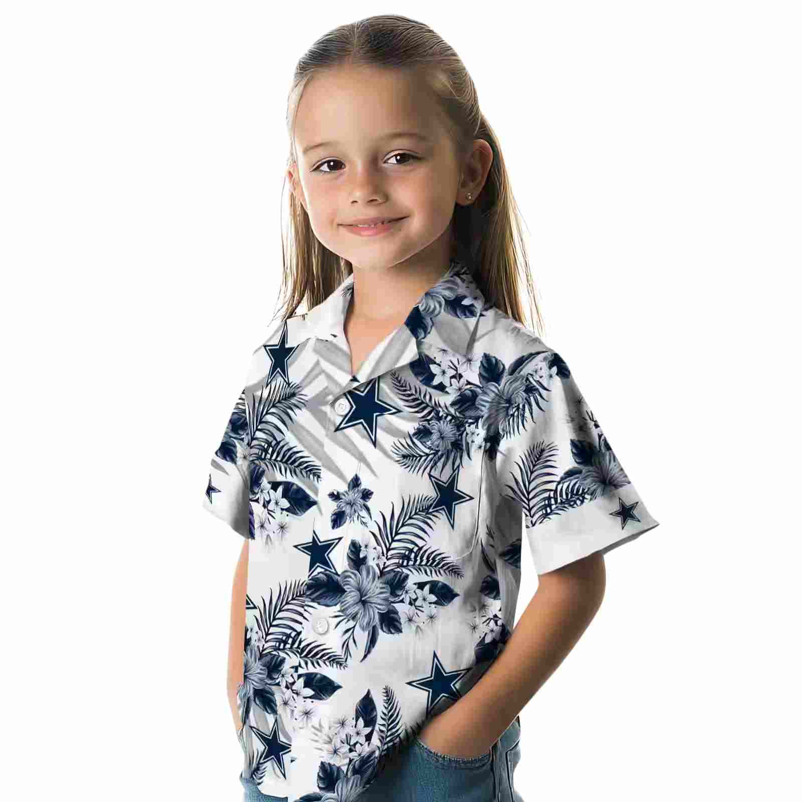 dallas cowboys hibiscus palm leaves blue white hawaiian shirt premium grade