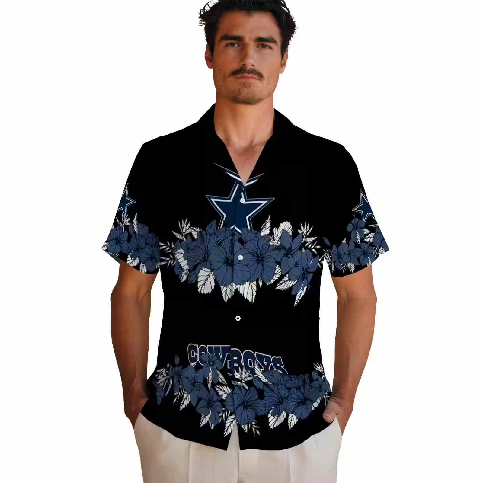 dallas cowboys hibiscus stripe blue black hawaiian shirt fashion forward