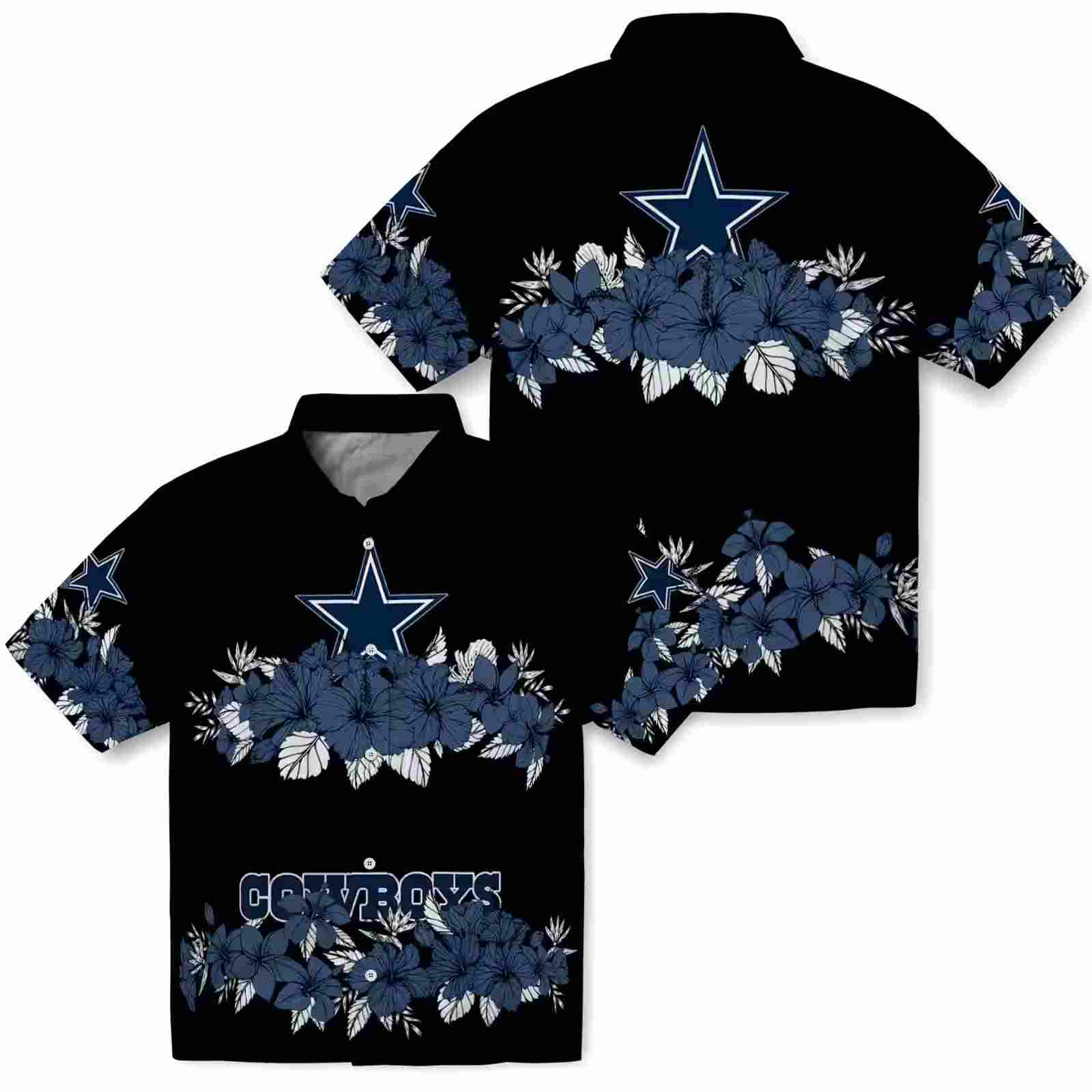 dallas cowboys hibiscus stripe blue black hawaiian shirt high quality