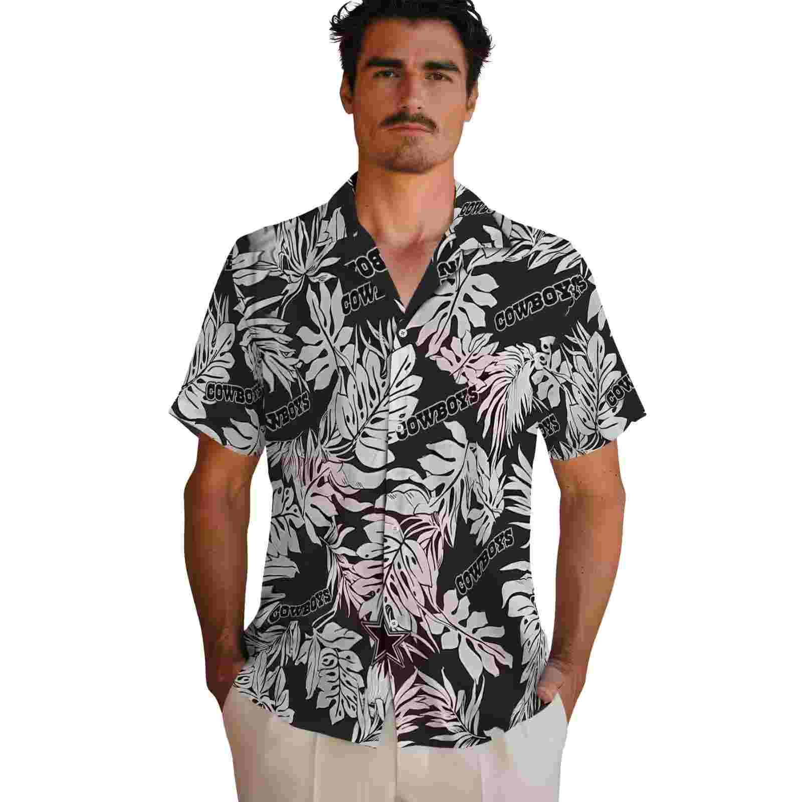 dallas cowboys monstera leaf pattern black hawaiian shirt fashion forward