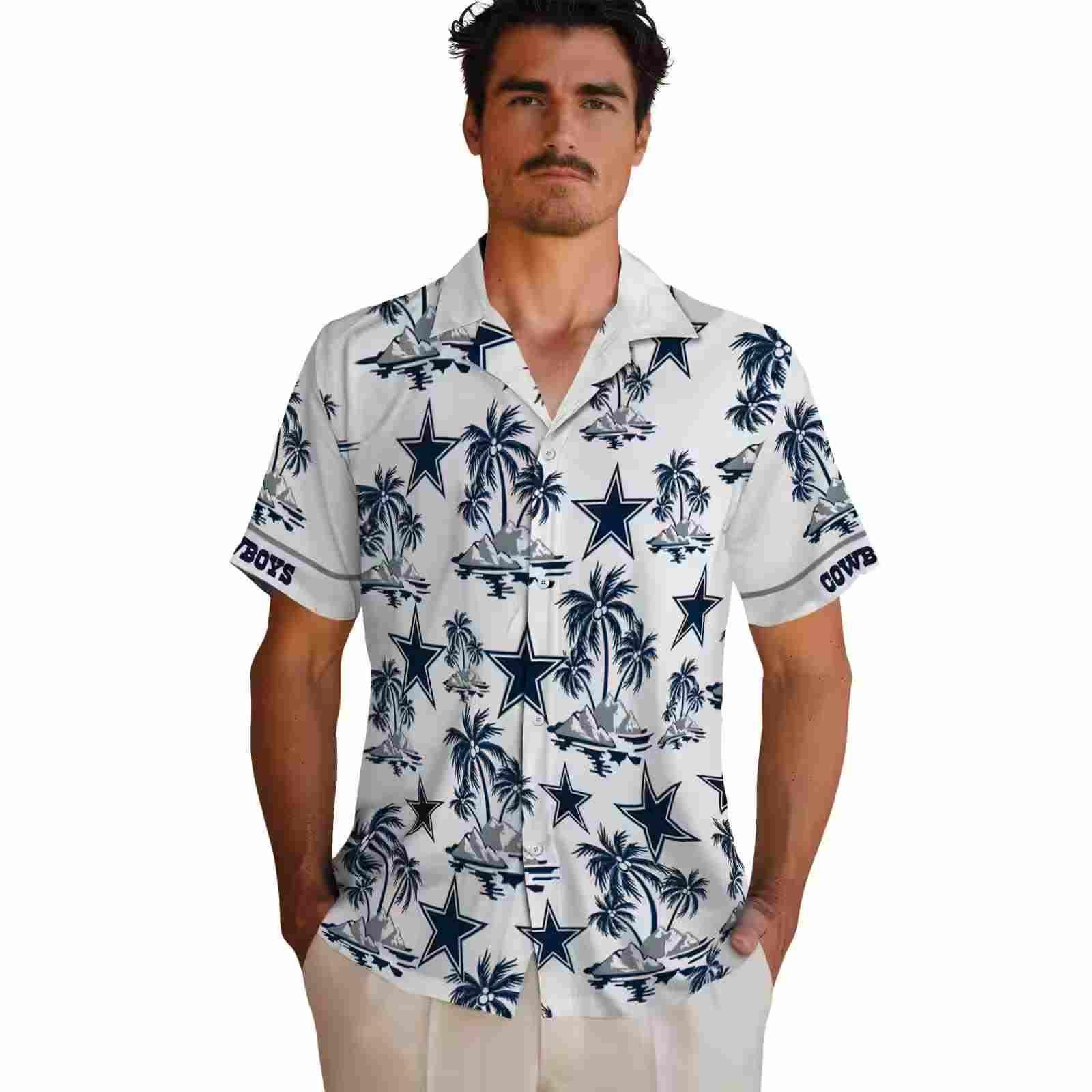 dallas cowboys palm island print blue white hawaiian shirt fashion forward