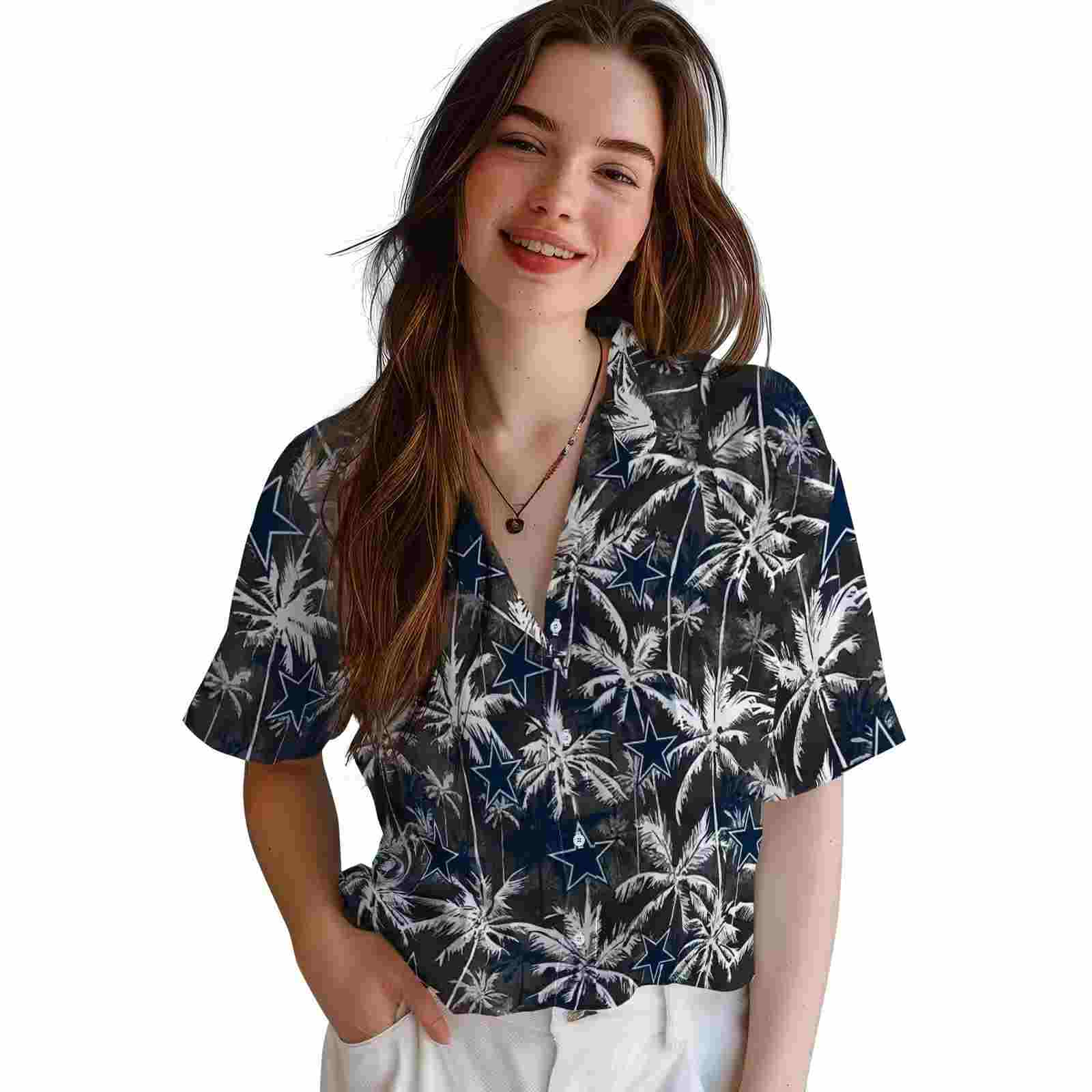 dallas cowboys palm pattern blue black hawaiian shirt latest model