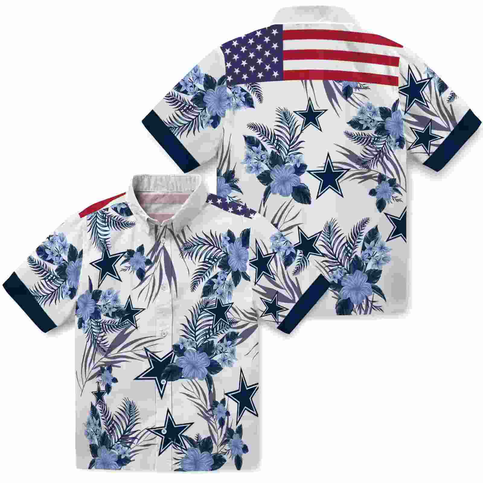 dallas cowboys patriotic hibiscus design blue white hawaiian shirt high quality