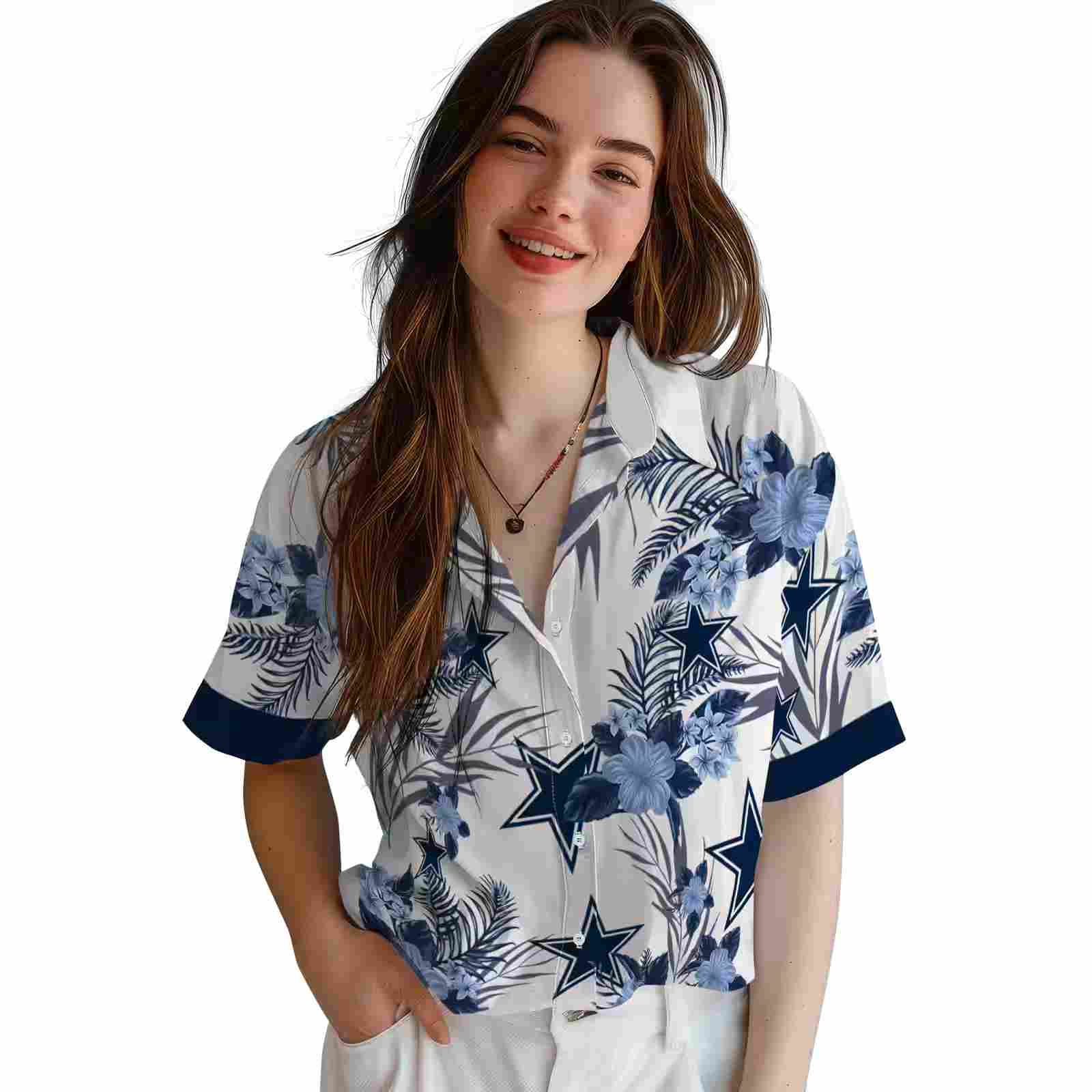 dallas cowboys patriotic hibiscus design blue white hawaiian shirt latest model