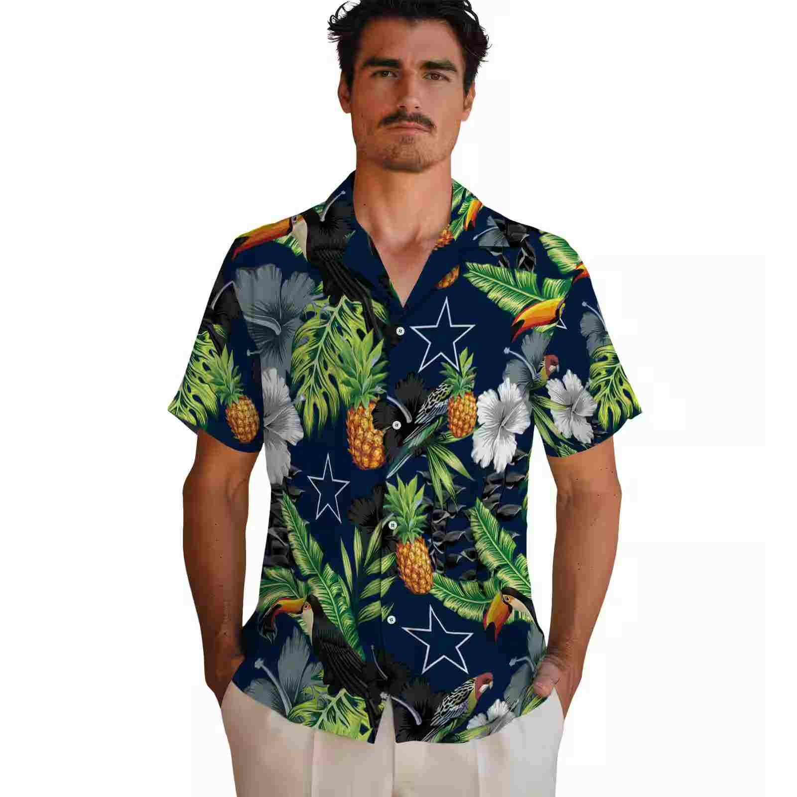 dallas cowboys toucan hibiscus pineapple blue green hawaiian shirt fashion forward