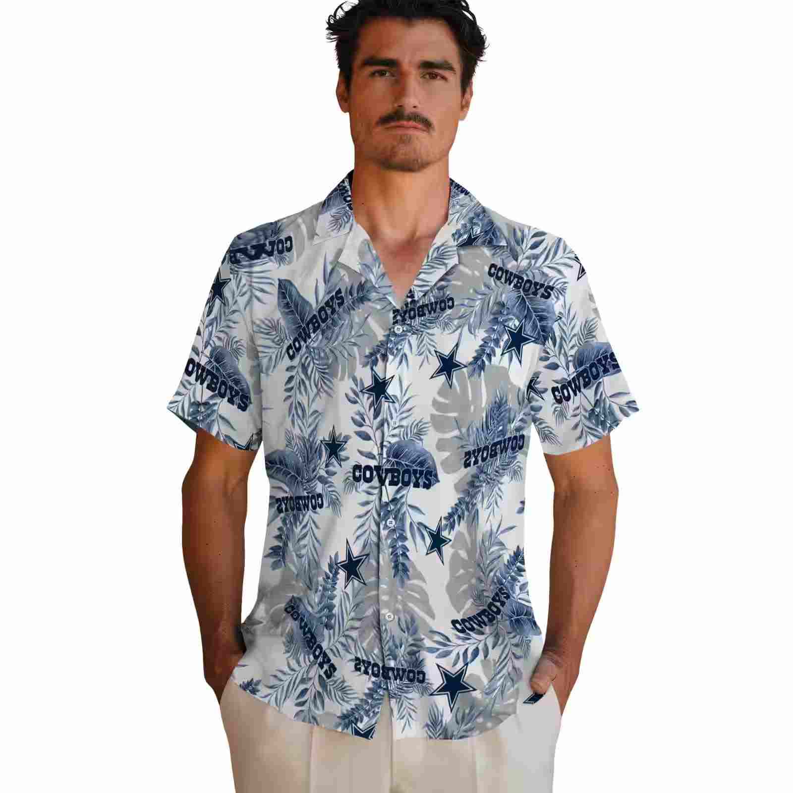 dallas cowboys tropical leaves blue white hawaiian shirt fashion forward