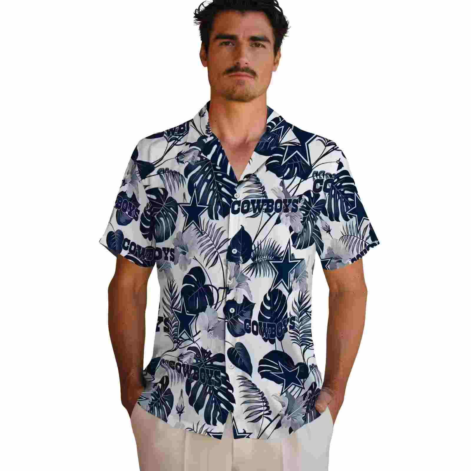 dallas cowboys tropical plants blue white hawaiian shirt fashion forward