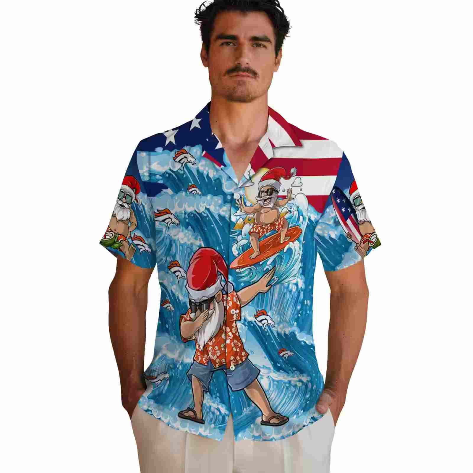 denver broncos surfing santa blue hawaiian shirt fashion forward